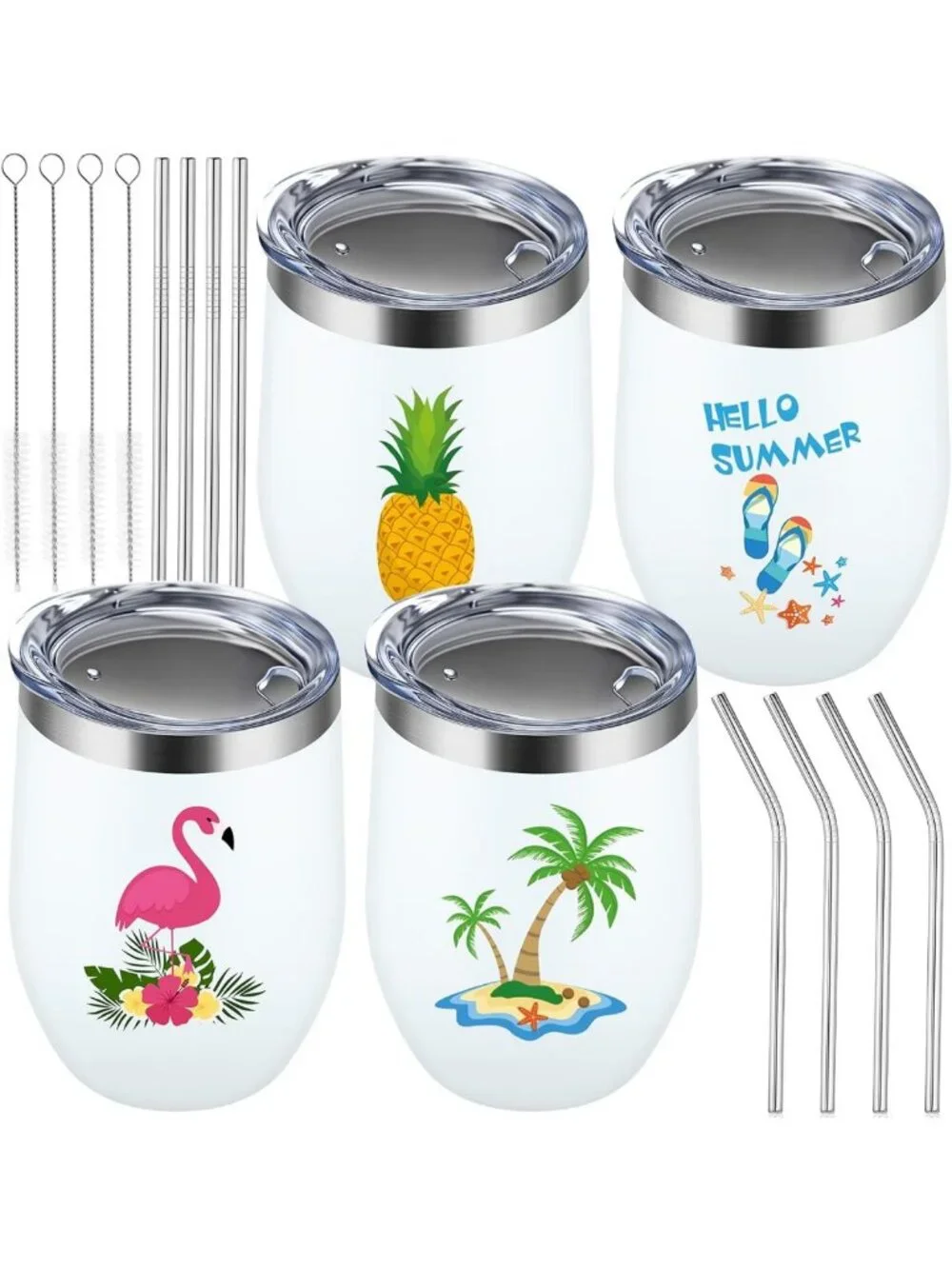 Summer Insulated Wine Tumblers Set - 12 oz Stainless Steel Beach Theme